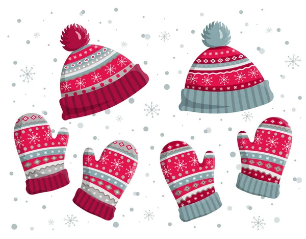 Set Warme Gebreide Mutsen Wanten Leuke Winter Accessoires Cap Handschoenen — Stockvector