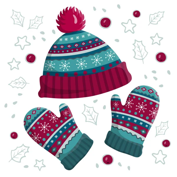 Warme Gebreide Muts Wanten Leuke Winter Accessoires Cap Handschoenen Geïsoleerd — Stockvector