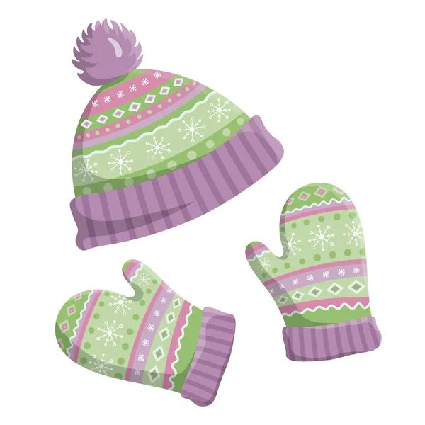 Warm Knitted Hat Mittens Cute Winter Accessories Cap Gloves Isolated — Stock Vector