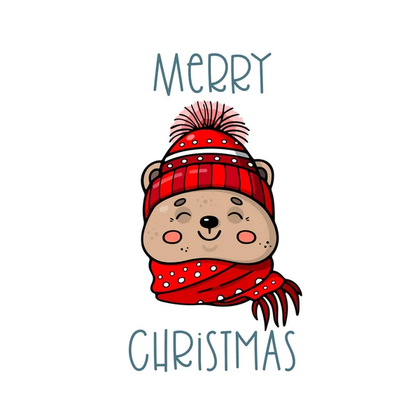 Bear Cute Winter Character Simple Cartoon Doodle Style Christmas Symbol — Stock Vector