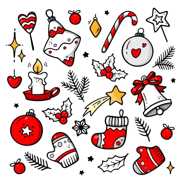 Büyük bir Noel karalama elementleri seti. El çizimi vektör çizimi. Tatil baskıları, dilek kartları, afişler, davetiyeler vs. için tasarım. Yeni yıl, kış temalı poster. 