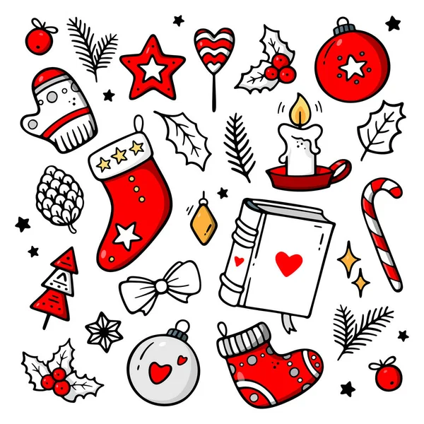 クリスマスのドアの要素の大きなセット 手描きベクトルイラスト 休日のプリント 希望のカード バナー 招待状などのためのデザイン 冬のテーマポスター — ストックベクタ
