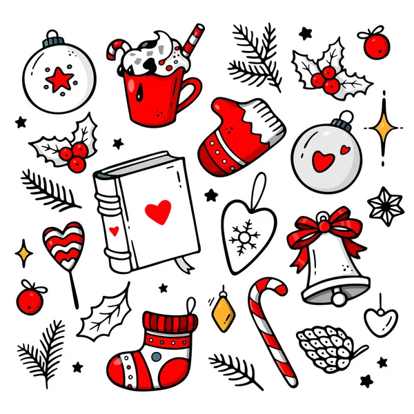 クリスマスのドアの要素の大きなセット 手描きベクトルイラスト 休日のプリント 希望のカード バナー 招待状などのためのデザイン 冬のテーマポスター — ストックベクタ
