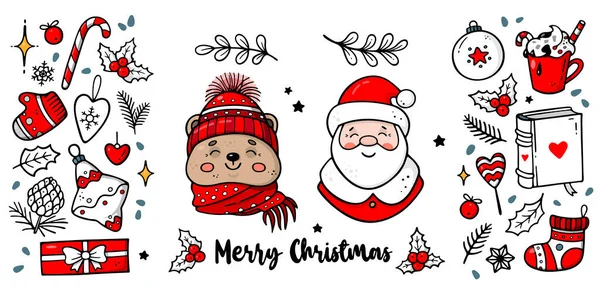 Noel öğeleri karalıyor. Noel Baba, ayı, yıldız, eldiven, çorap vb. ikonaların olduğu şirin bir el çizimi. Vektör çizimi. İzler, kartlar ve boyama sayfaları için tasarım. Kış temalı poster. 