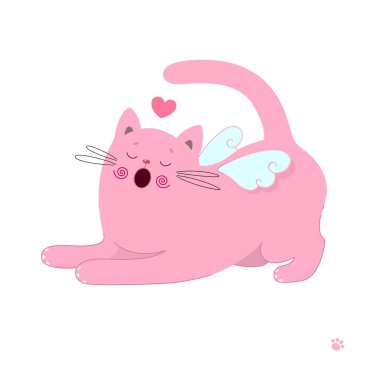 Kalbi ve kanatları olan sevimli bir kedi. Vektör çizimi. Birçok uygulama için kullanışlı komik kedi yavrusu, tasarımlarınız, giyim için baskılar, sevgililer günü teması kartı ve davetiye. 