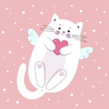 Sevgi ve ilişkinin sevimli kedi sembolü. Vektör çizimi. Sevgililer Günü temalı kart ve davetiyeleri karşılamak için kullanışlı yürekli komik bir kedi yavrusu, giyim için baskılar, tasarımlar vs..