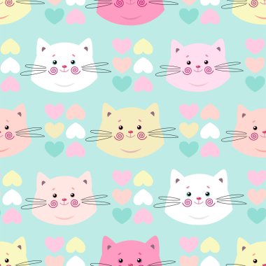 Şirin, pürüzsüz desenli, güzel kedileri olan. Bebek kumaşı, tekstil, duvar kağıdı için harika. Kediler. Çocuk çizgi film vektör geçmişi. Pastel Renkleri.