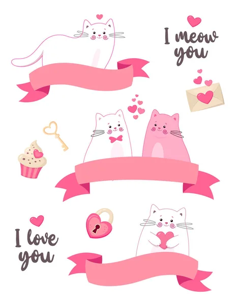 Conjunto Pancartas Cinta Con Lindos Gatos Iconos Bonitos Perfecto Para — Vector de stock