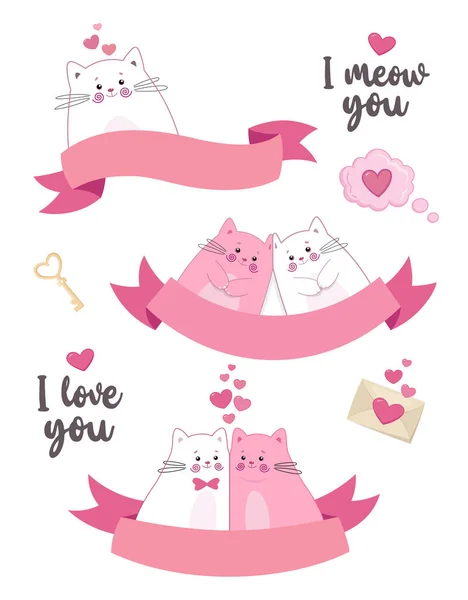 귀여운 고양이와 아이콘이 플래카드 사랑의 주제와 발렌타인데이에 일러스트 삽입을 인사장 — 스톡 벡터