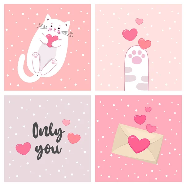 Set Schöner Valentinstagskarten Süßes Weißes Kätzchen Vektorillustration Lustige Katze Mit — Stockvektor