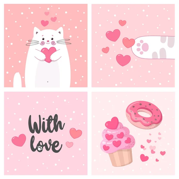 Set Schöner Valentinstagskarten Süßes Weißes Kätzchen Vektorillustration Lustige Katze Mit — Stockvektor