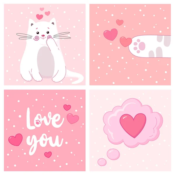 Набор Красивых Открыток День Святого Валентина Симпатичный Белый Котёнок Векторная — стоковый вектор