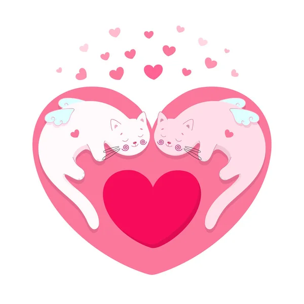 Valentýnská Vektorová Karta Pár Konceptu Lásky Růžové Srdce Roztomilými Kočičími — Stockový vektor