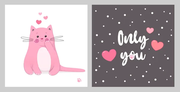 아름다운 발렌틴들의 세트야 분홍색 고양이귀엽네 일러스트 마음이 고양이 카드에 적합하다 — 스톡 벡터