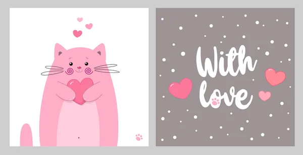 Avec Amour Joli Jeu Cartes Thème Valentines Chaton Rose Mignon — Image vectorielle