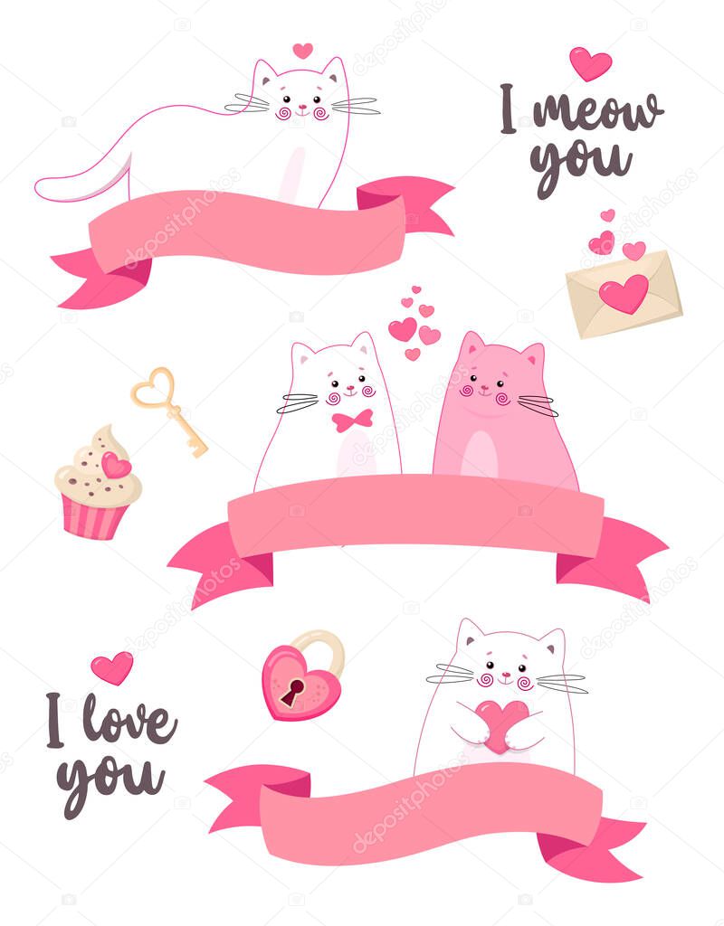Set of ribbon banners with cute cats and pretty icons. Perfect for love theme and Valentine's day celebration. Vector illustration. Design elements for invivitation, greeting card, web etc.