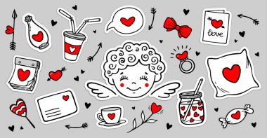 Sevimli el çizimleri, aşk tanrısı, kalp, aşk mektubu, çiçek etiketleri. Vektör çizimi. Parmak izi, kart, etiket, etiket tasarımları. Sevgililer Günü tema koleksiyonu.