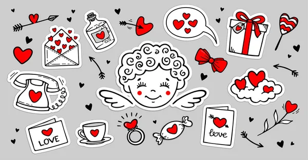 Cute Tangan Ditarik Set Cinta Doodles Stiker Dengan Cupid Hati - Stok Vektor