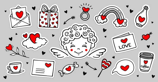 Cute Tangan Ditarik Set Cinta Doodles Stiker Dengan Cupid Hati - Stok Vektor