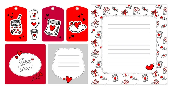 一套有创意的情人节卡片和标签模板 采用涂鸦风格 带有爱心和其他爱情符号 浪漫的手绘2月14日礼物标签 节日请柬 — 图库矢量图片
