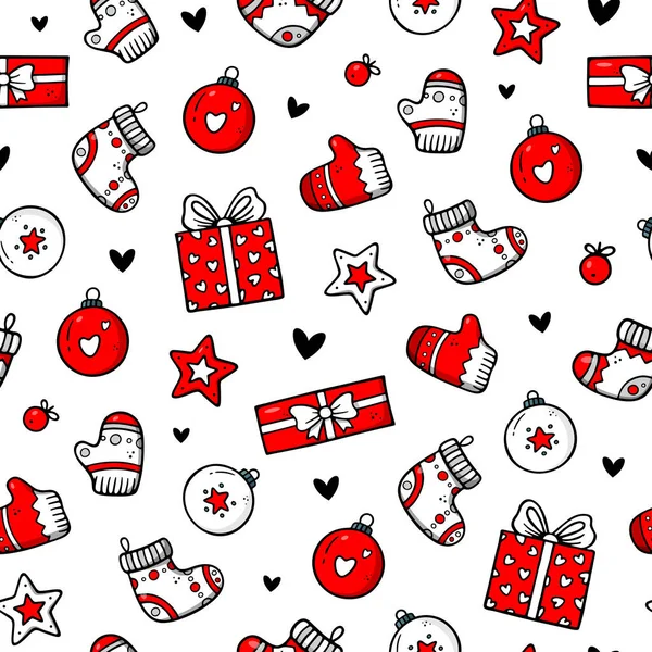 Karalama tarzında şirin, kusursuz bir Noel deseni. Kış temalı ambalaj kağıdı, kumaş, tekstil, duvar kağıdı için harika. Komik yeni yıl çizgi film vektör arkaplanı.