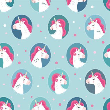 Tek boynuzlu atlarla şirin, pürüzsüz bir desen. Paket kağıdı, bebek kumaşı, tekstil, duvar kağıdı, çocuk odası, hatıra defteri ya da parti dekorasyonu için harika. Çocuk çizgi film vektör arkaplanı. 