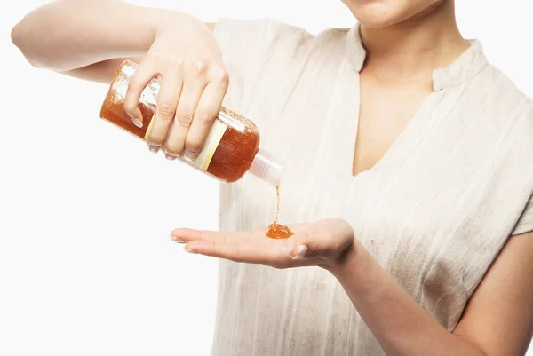 Young Girl Woman Pouring Body Scrub Liquid Hand — Stock Photo, Image