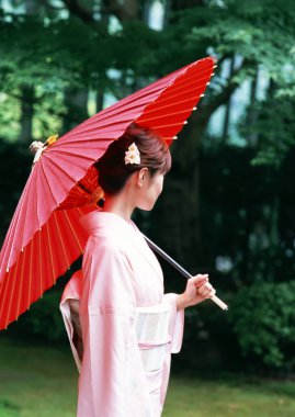 Geleneksel Kimono Giyinen Japon Kadın ve Tutucu Şemsiye. Yağlı Kağıt Şemsiyeli Genç Asyalı Kız, Parktaki Güneş Gölgesi