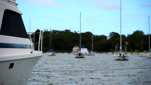 Close-up op verankerd jacht swingen op water in de jachthaven — Stockvideo
