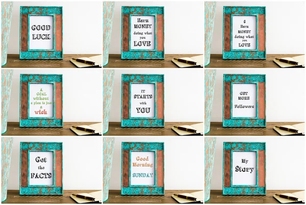 Collage av fotoramar med olika motiverande texter — Stockfoto