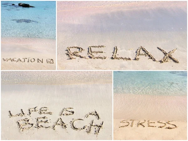 Collage of relaxation messages written on sand — Stock Photo, Image