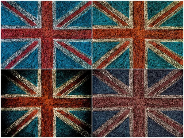 Foto collage af Storbritannien British Union jack flag, håndtegning med kridt på tavle, vintage koncept - Stock-foto