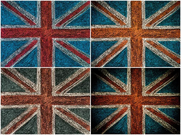 Koláže z fotografií Velká Británie britská Union jack vlajku, ruční kreslení křídou na tabuli, vintage koncept — Stock fotografie