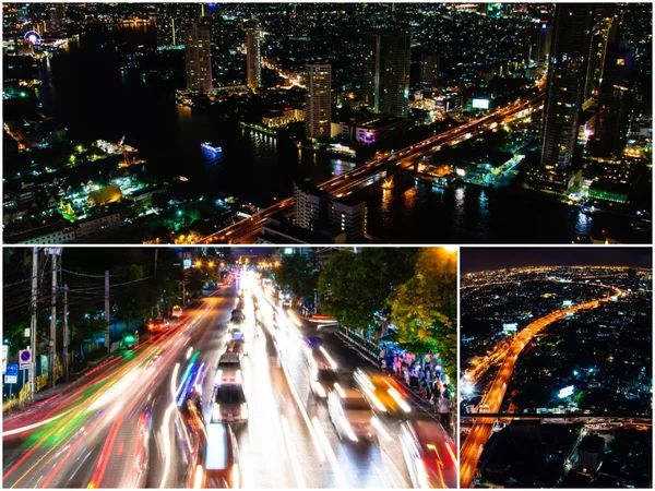 Fotokollage av Bangkok stadsbilden på natten — Stockfoto