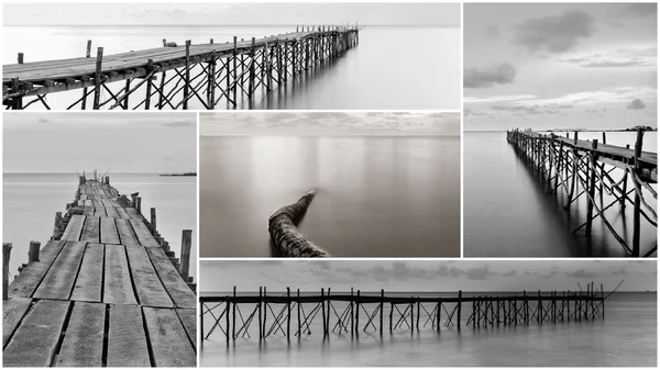 Collage fotografico con fotografia in bianco e nero del molo di legno della spiaggia — Foto Stock