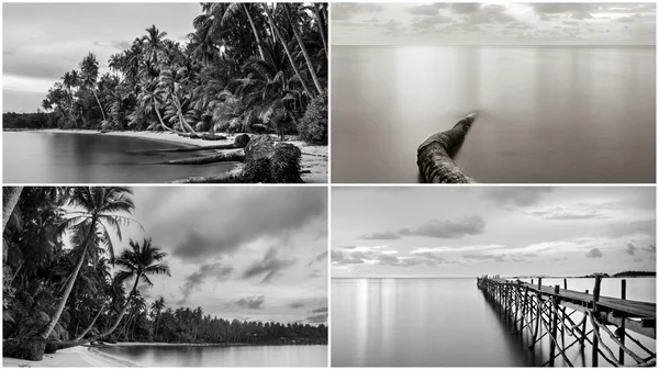 Fotocollage con fotografía en blanco y negro del muelle de madera de playa —  Fotos de Stock