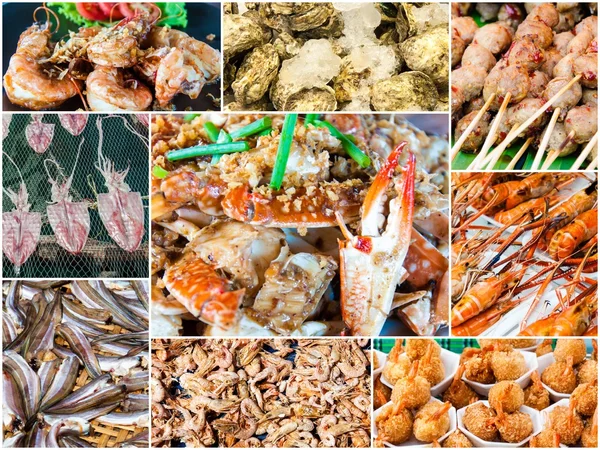 Collage fotografico di frutti di mare tailandesi essiccati al sole — Foto Stock