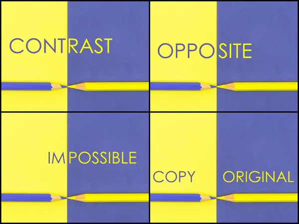 Fotocollage aus Kontrastkonzept über gelb und violett gefärbtem Papier — Stockfoto