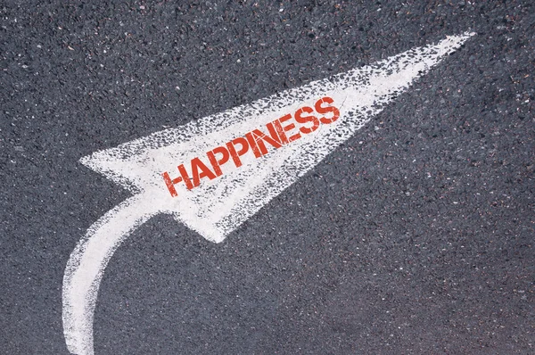 Directional white painted arrow with word HAPPINESS over road surface — Stock Photo, Image