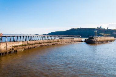 Doğal görünümünde North Yorkshire, İngiltere'de güneşli sonbahar günü Whitby deniz feneri ve Pier.
