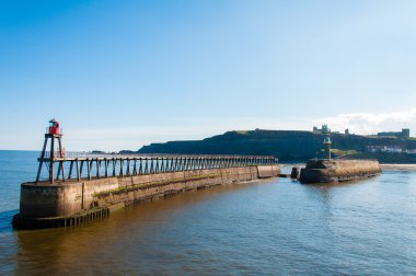 Doğal görünümünde North Yorkshire, İngiltere'de güneşli sonbahar günü Whitby deniz feneri ve Pier.