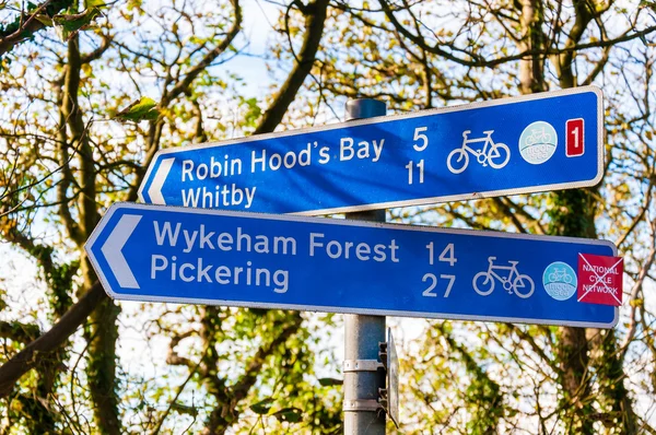 Closeup on tourist Sign posts in village of Ravenscar, Reino Unido — Fotografia de Stock