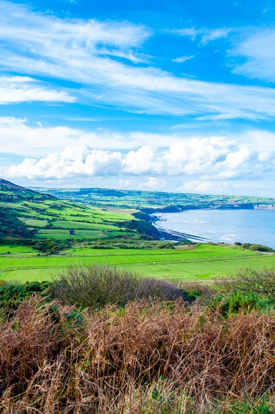 Vista panorâmica de Robin Hoods Bay em Ravenscar, North Yorkshire, Inglaterra — Fotografia de Stock