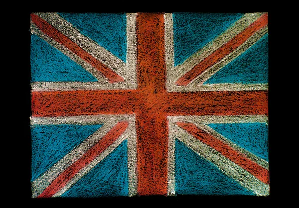 イギリス (イギリス連合ジャック) 旗、手の黒い背景、ビンテージの概念に分離された黒板チョークで描く — ストック写真