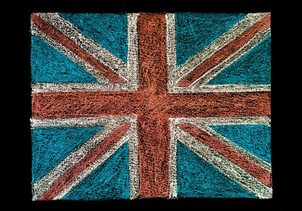 Velká Británie (britský Union jack) vlajka, podej, kreslení křídou na tabuli izolovaných na černém pozadí, vintage koncepce — Stock fotografie