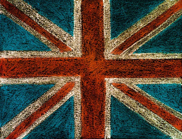 Storbritannien (brittisk Union jack) flagga, hand rita med krita på svart tavla isolerad på svart bakgrund, vintage koncept — Stockfoto