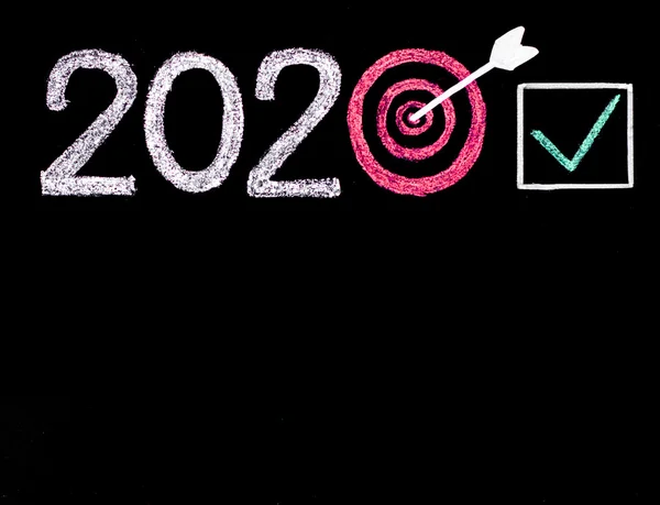 Conceptual image of Year 2020, with number zero in shape of a target, arrow in the center and checked sign — Stock Photo, Image