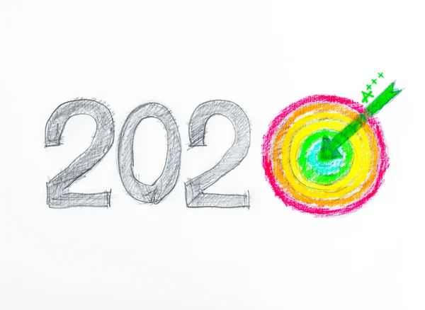 Imaginea conceptuală a anului 2020, schița manuală a conceptului de evaluare a eficienței energetice, cu numărul zero în formă de țintă și săgeată în centru, izolată pe fundal alb — Fotografie, imagine de stoc