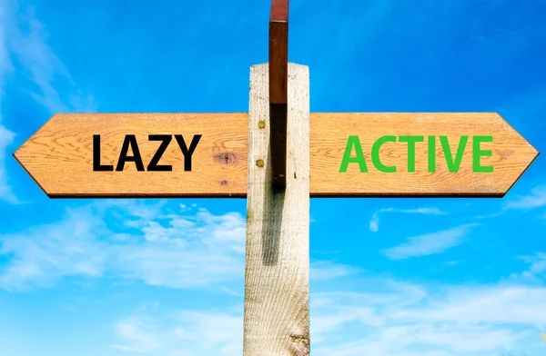 Dřevěné cedule s dvěma naproti šipkami na jasně modré obloze, Lazy versus aktivní zprávy, koncepční obraz zdravého životního stylu — Stock fotografie