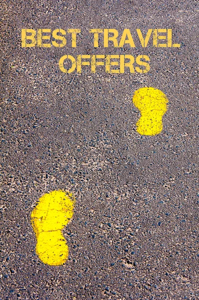 Yellow footsteps on sidewalk towards Best Travel Offers message — Stock Photo, Image